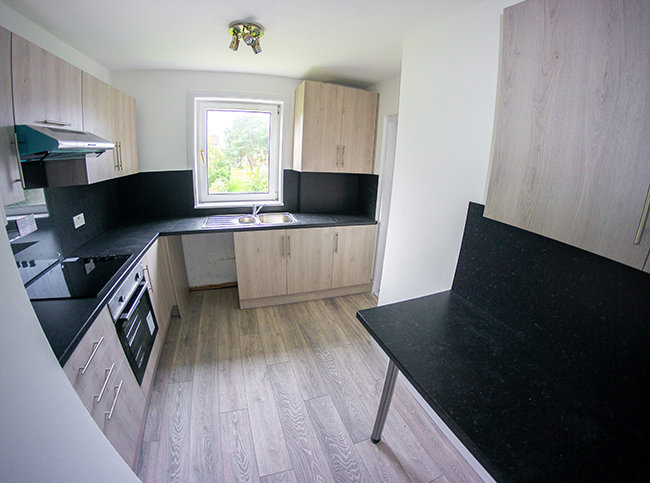 Finished kitchen and open plan area in an Aberdeen new build home