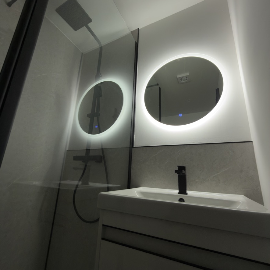 Walk-in shower with mirrored wall in a Union Grove bathroom, Aberdeen
