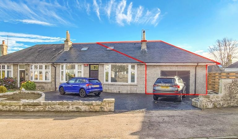 Aberdeen granite bungalow with a single-storey side extension outlined in red