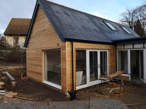 Cedar-clad single-storey home extension in Aberdeenshire, near completion