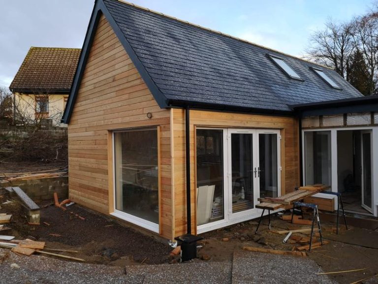 Cedar-clad single-storey home extension in Aberdeenshire, near completion