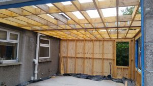 Timber-framed first-fix roof on an Aberdeenshire home extension, mid-build