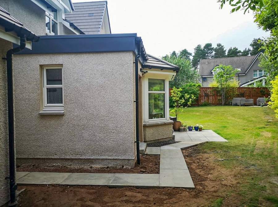 Completed single-storey rear extension on a rendered Aberdeenshire home in Banchory