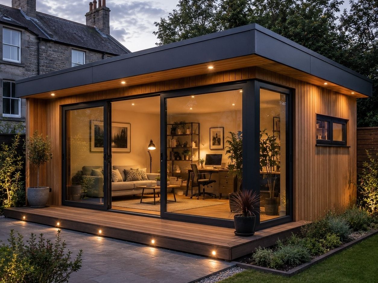 Timber-clad insulated garden room lit at dusk behind a granite house in Aberdeen, with a home office desk and sofa visible through the corner glazing