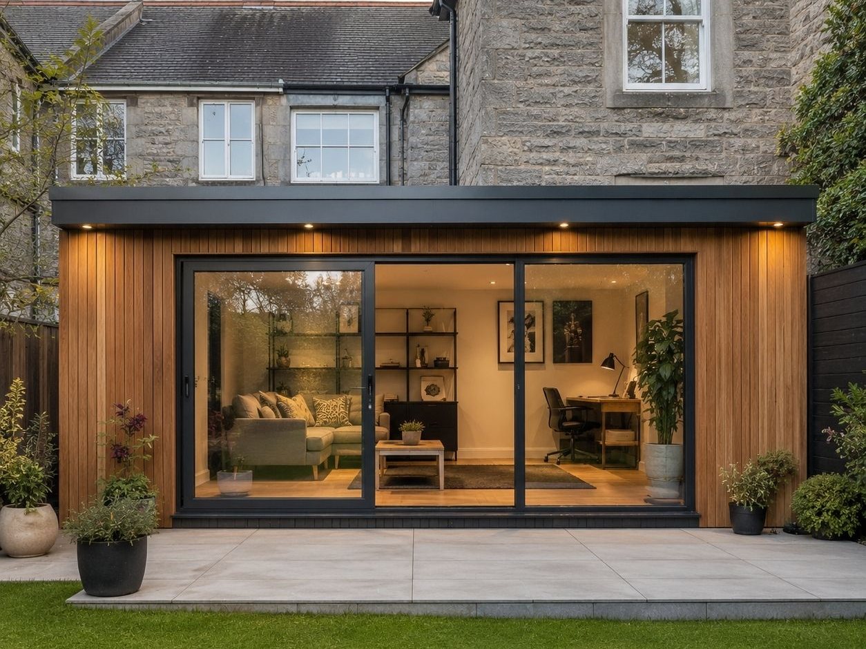 Cedar-clad garden room with sliding doors built at a granite house in Aberdeen, fitted out as a combined lounge and home office