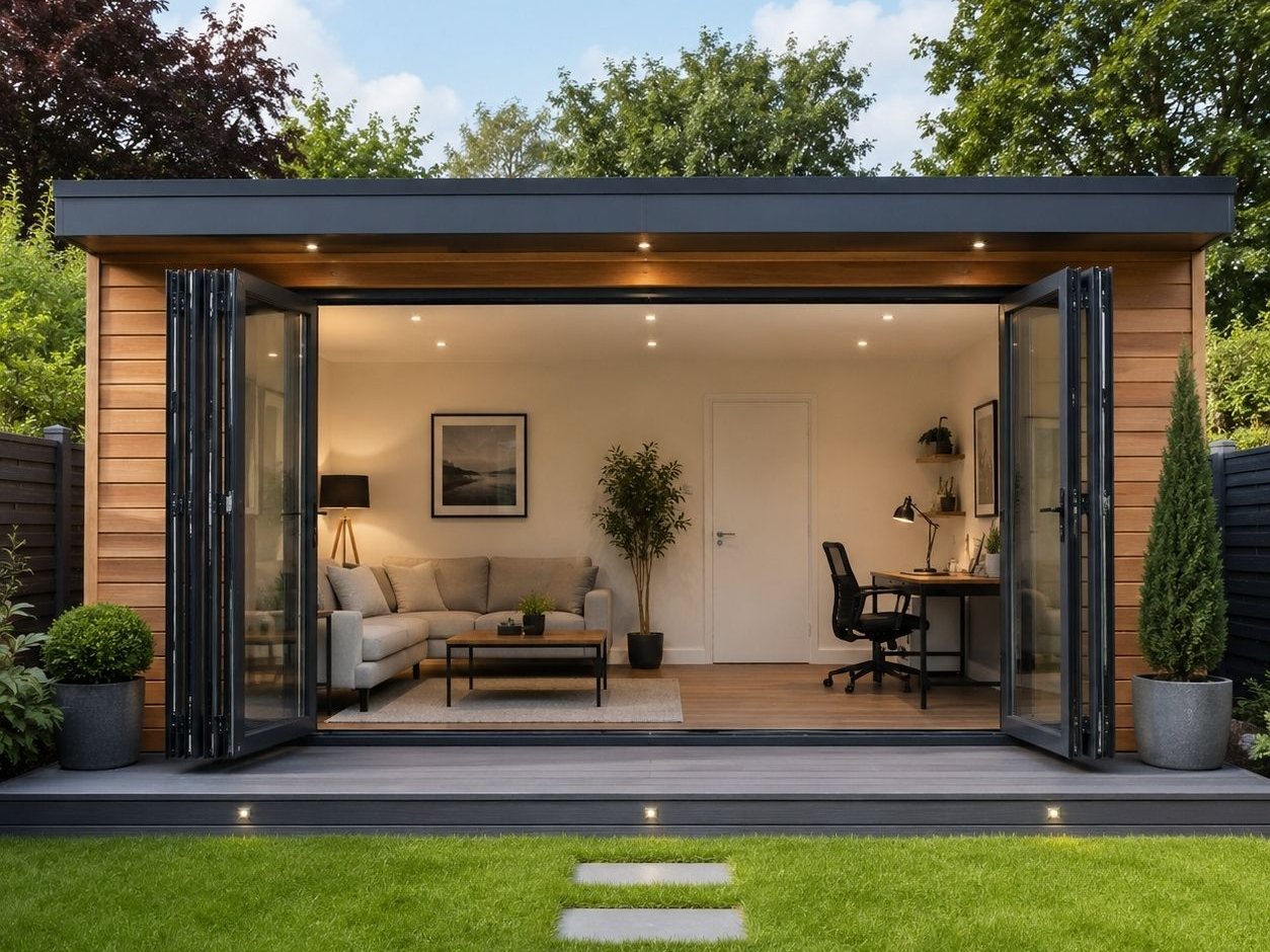 Insulated garden room in Aberdeen with bi-fold doors folded fully open onto the lawn, lounge seating and a home office desk inside