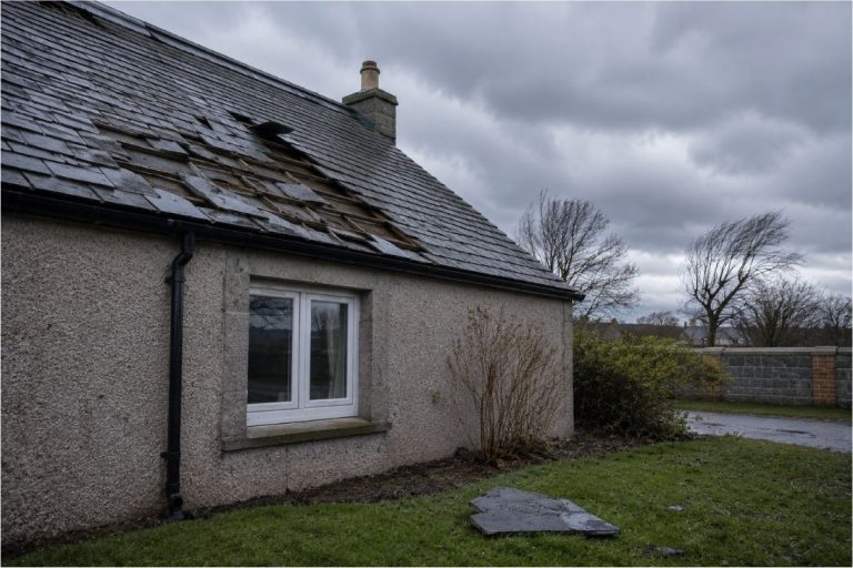 Slipped and missing slates on a harled Aberdeenshire cottage after a storm, broken slate on the grass below